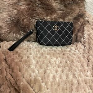 CHANEL Black and Silver Quilted Wristlet